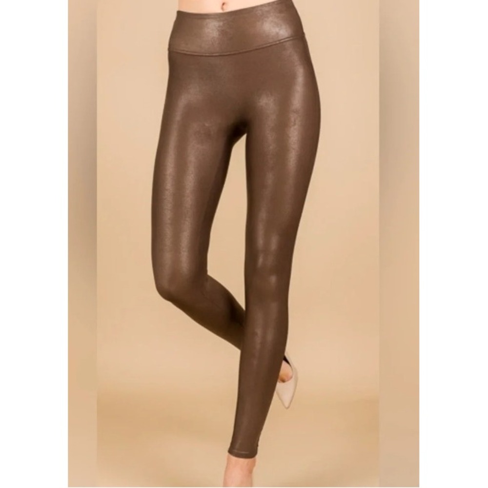 Spanx Faux Leather High Waisted Leggings Womens XL Brown Stretch Shaping Biker